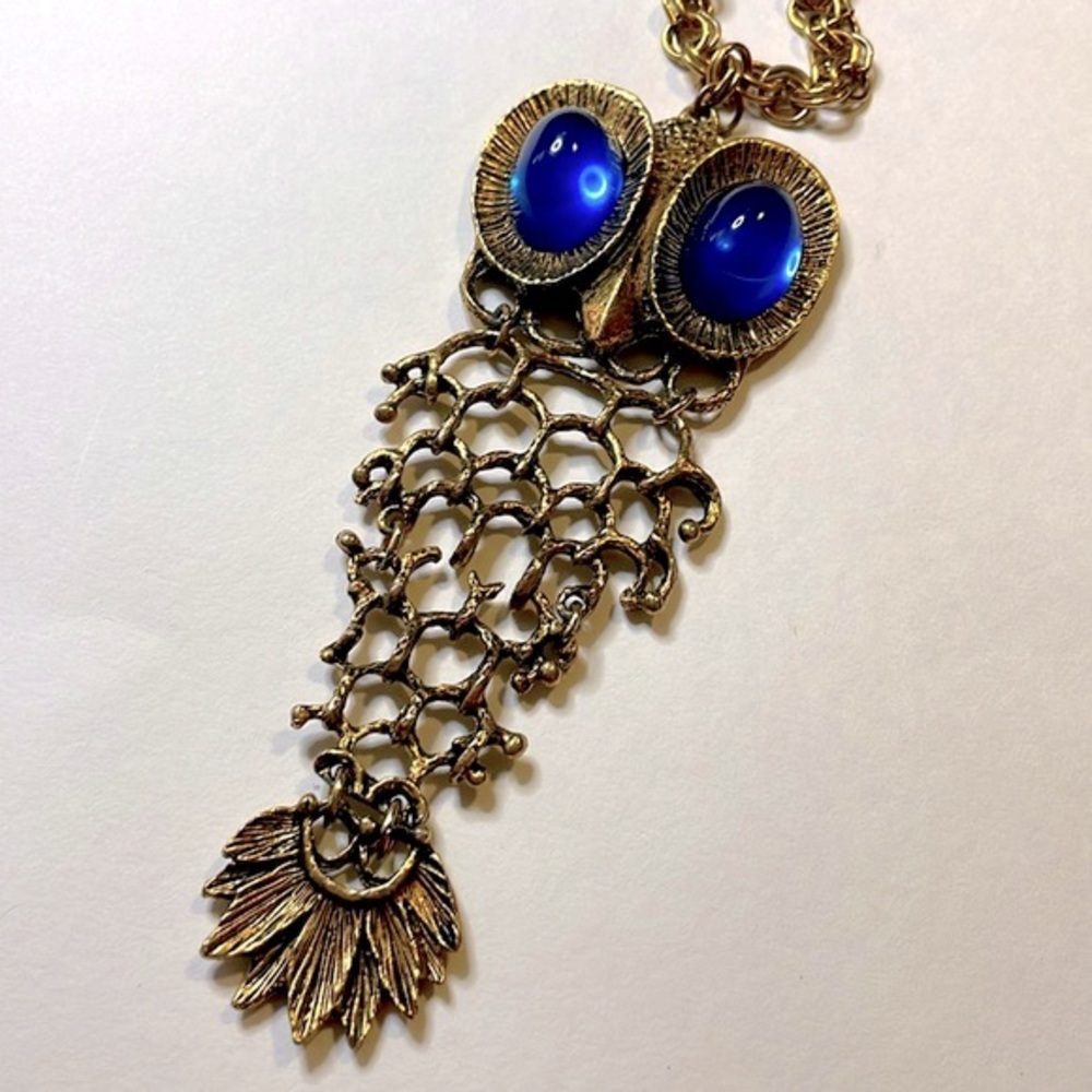 Owl Necklace Vintage Large Blue Eyed Articulated Owl Gold Tone Chain 1970's